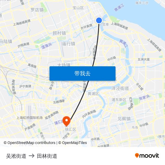 吴淞街道 to 田林街道 map