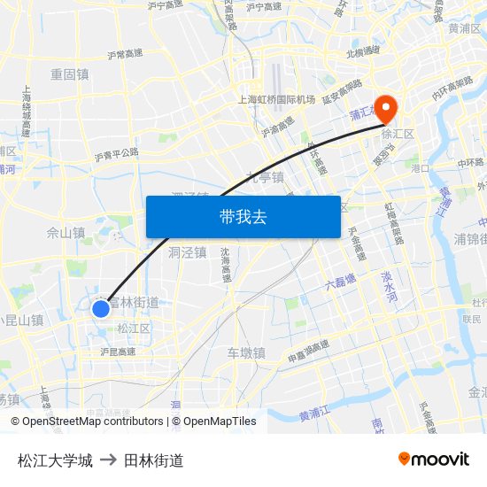 松江大学城 to 田林街道 map