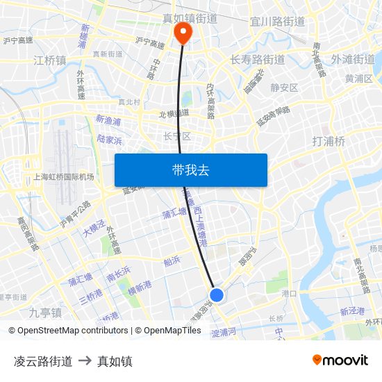 凌云路街道 to 真如镇 map