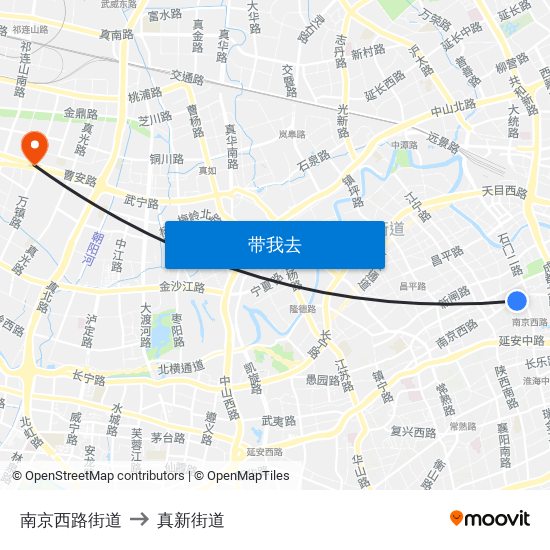 南京西路街道 to 真新街道 map