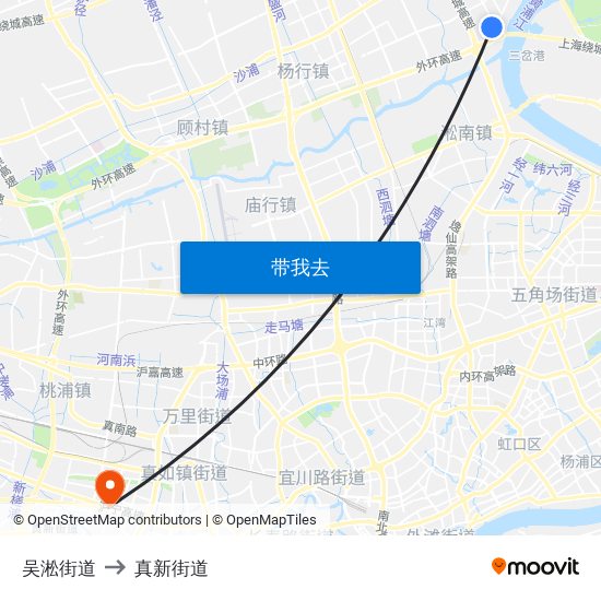 吴淞街道 to 真新街道 map