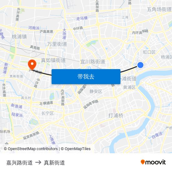 嘉兴路街道 to 真新街道 map