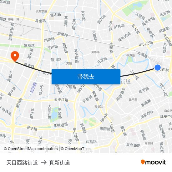 天目西路街道 to 真新街道 map