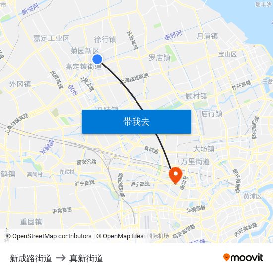 新成路街道 to 真新街道 map