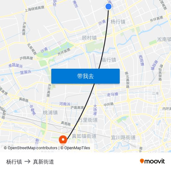 杨行镇 to 真新街道 map