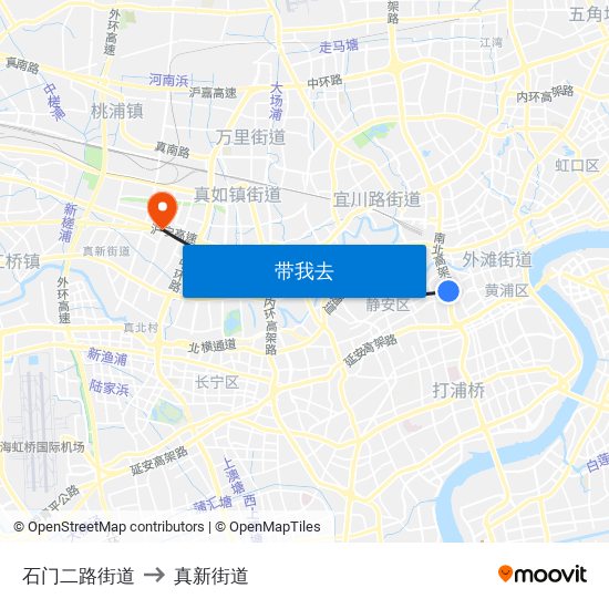 石门二路街道 to 真新街道 map