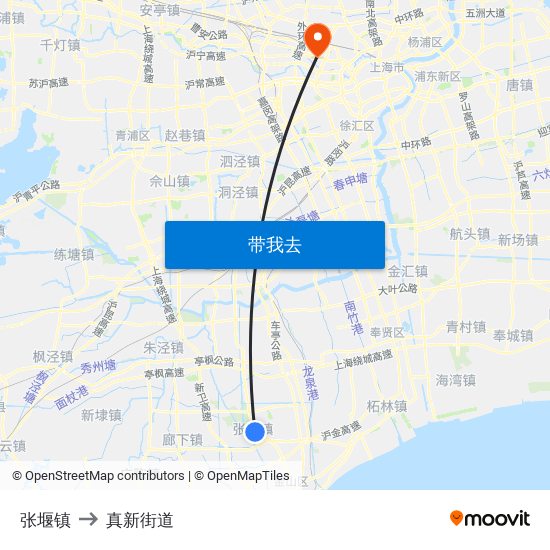 张堰镇 to 真新街道 map