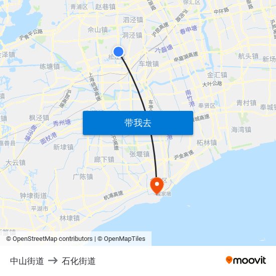 中山街道 to 石化街道 map