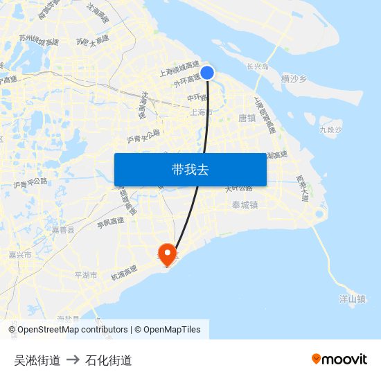 吴淞街道 to 石化街道 map