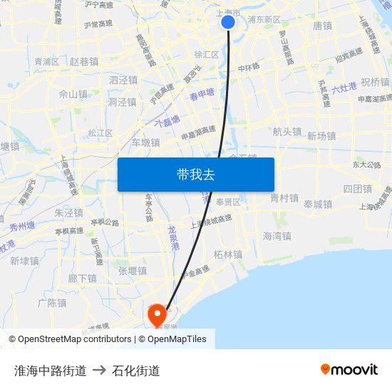 淮海中路街道 to 石化街道 map
