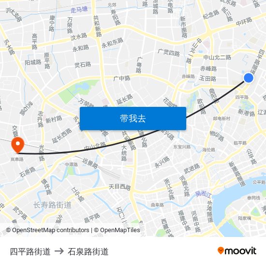 四平路街道 to 石泉路街道 map