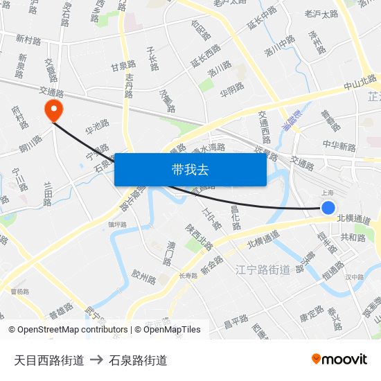 天目西路街道 to 石泉路街道 map