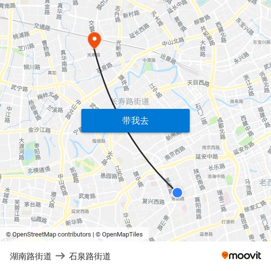 湖南路街道 to 石泉路街道 map