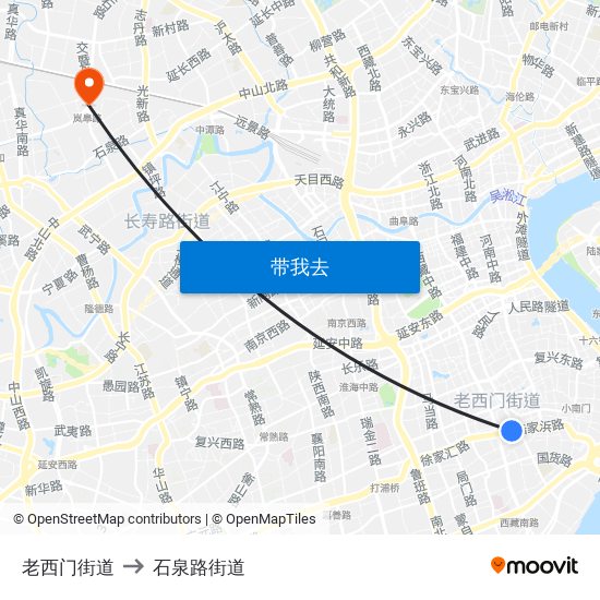 老西门街道 to 石泉路街道 map