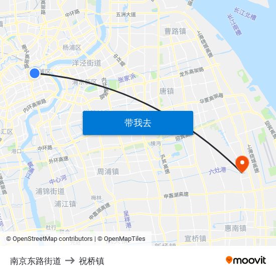 南京东路街道 to 祝桥镇 map