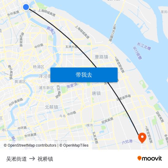 吴淞街道 to 祝桥镇 map