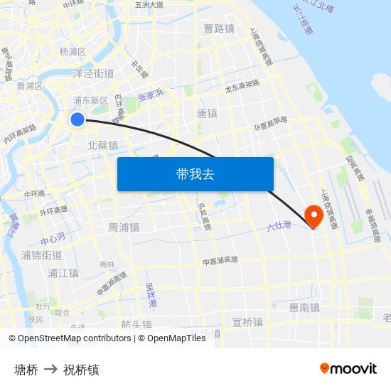 塘桥 to 祝桥镇 map