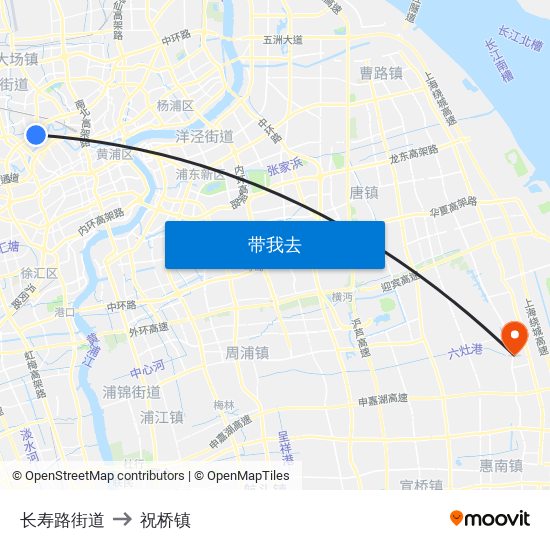 长寿路街道 to 祝桥镇 map