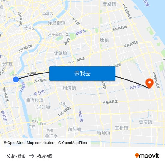 长桥街道 to 祝桥镇 map