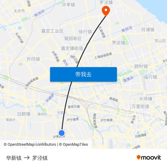 华新镇 to 罗泾镇 map