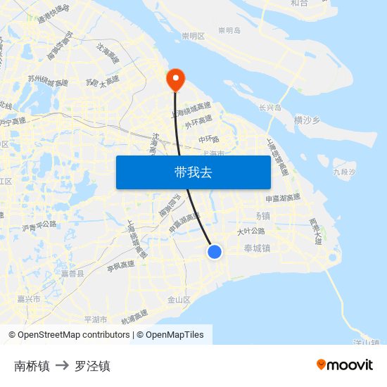 南桥镇 to 罗泾镇 map