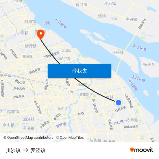 川沙镇 to 罗泾镇 map