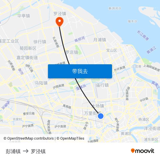 彭浦镇 to 罗泾镇 map