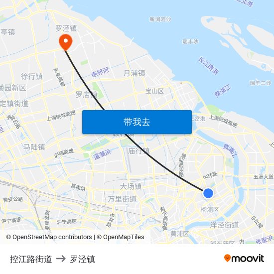 控江路街道 to 罗泾镇 map