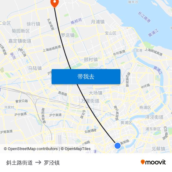 斜土路街道 to 罗泾镇 map