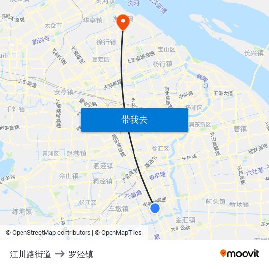 江川路街道 to 罗泾镇 map