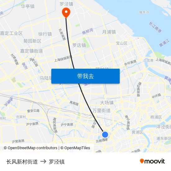 长风新村街道 to 罗泾镇 map