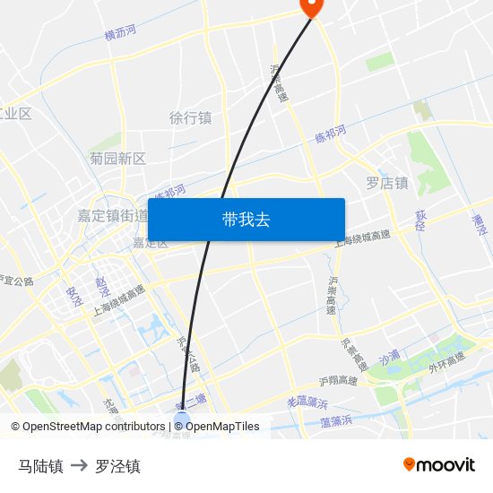 马陆镇 to 罗泾镇 map