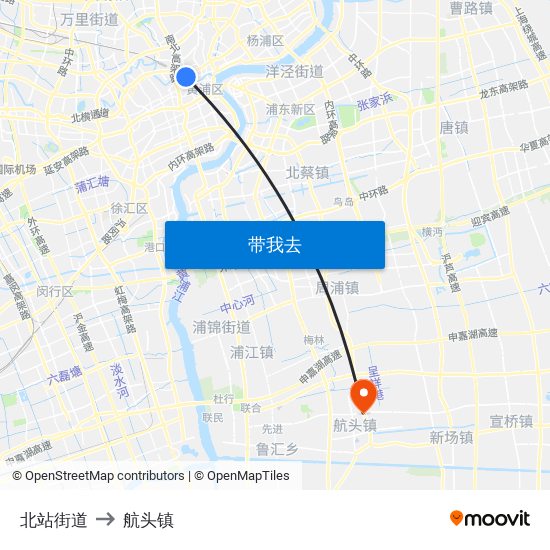 北站街道 to 航头镇 map