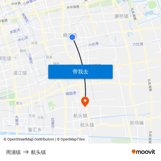周浦镇 to 航头镇 map