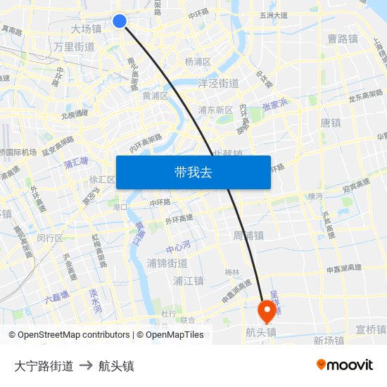 大宁路街道 to 航头镇 map