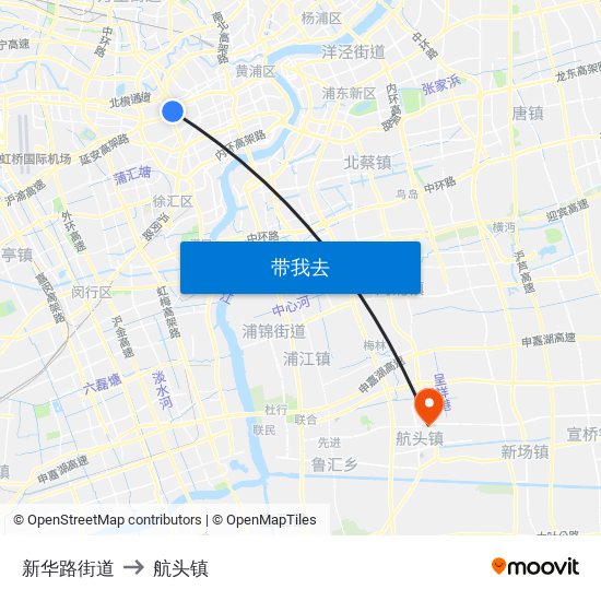 新华路街道 to 航头镇 map