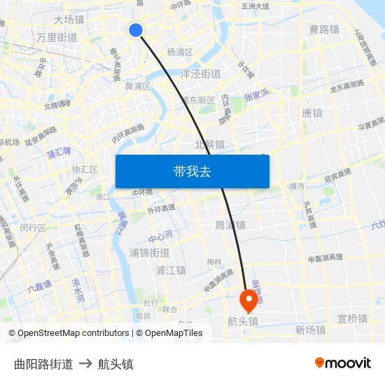 曲阳路街道 to 航头镇 map