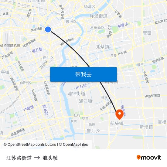 江苏路街道 to 航头镇 map