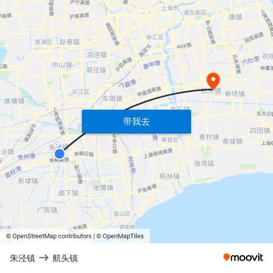 朱泾镇 to 航头镇 map