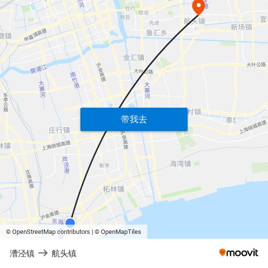 漕泾镇 to 航头镇 map