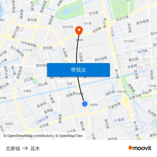 北蔡镇 to 花木 map