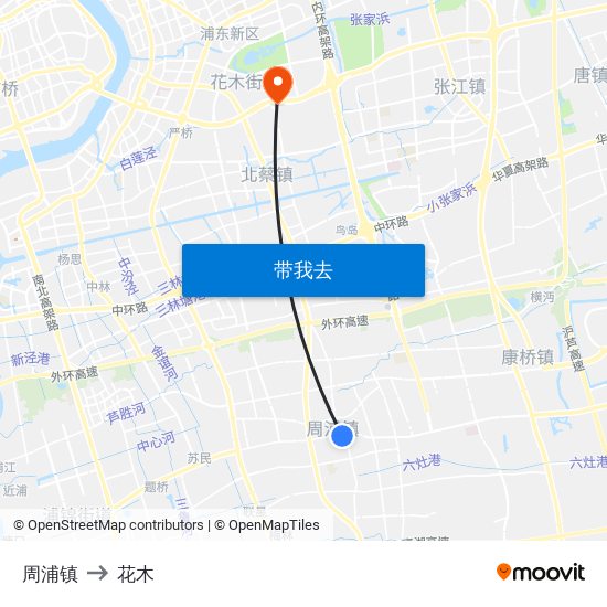 周浦镇 to 花木 map