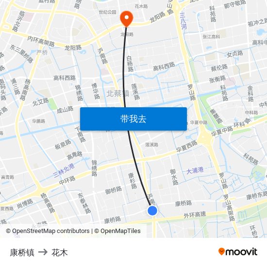 康桥镇 to 花木 map