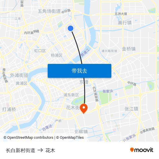长白新村街道 to 花木 map
