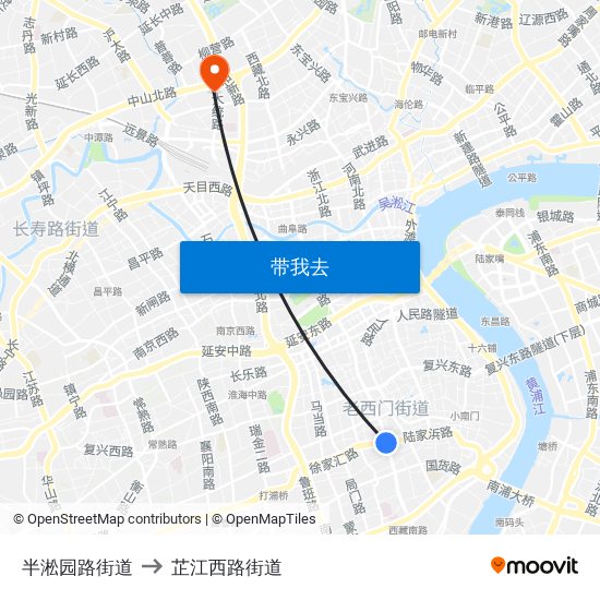 半淞园路街道 to 芷江西路街道 map