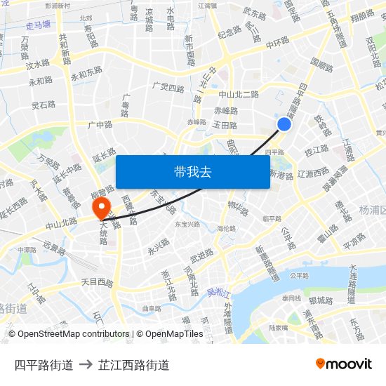 四平路街道 to 芷江西路街道 map