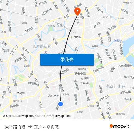 天平路街道 to 芷江西路街道 map