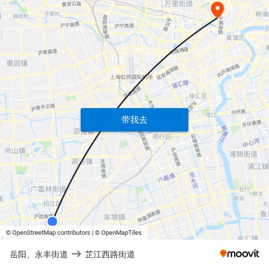 岳阳、永丰街道 to 芷江西路街道 map