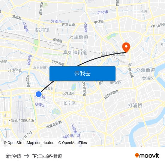 新泾镇 to 芷江西路街道 map