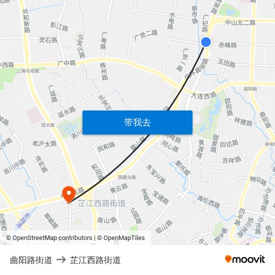 曲阳路街道 to 芷江西路街道 map